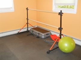 workout equipment: mats, mygym, ballet barre, balance ball, etc. more not pictured.