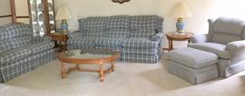 Couch, loveseat, solid blue chair w/otoman.