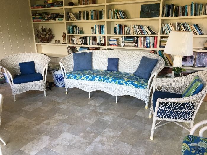 3 piece wicket sofa and chairs with cushions 