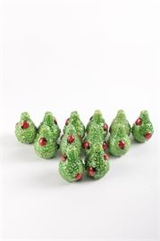 Foliage and Ladybug Salt and Pepper Shakers: A group of twelve glazed salt and pepper shakers with foliage and ladybug designs. These ceramic pieces have tapered bodies with ladybug relief. They are unmarked.