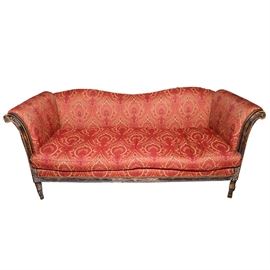 Vintage Stoneleigh Ltd, Sofa: A vintage Stoneleigh Ltd, sofa. This sofa is has a wooden frame with a wavy backrest and flared arms. It has a red paisley upholstery on the seat, back and arms and a multi-colored plaid exterior. It is marked Stoneleigh, Ltd.