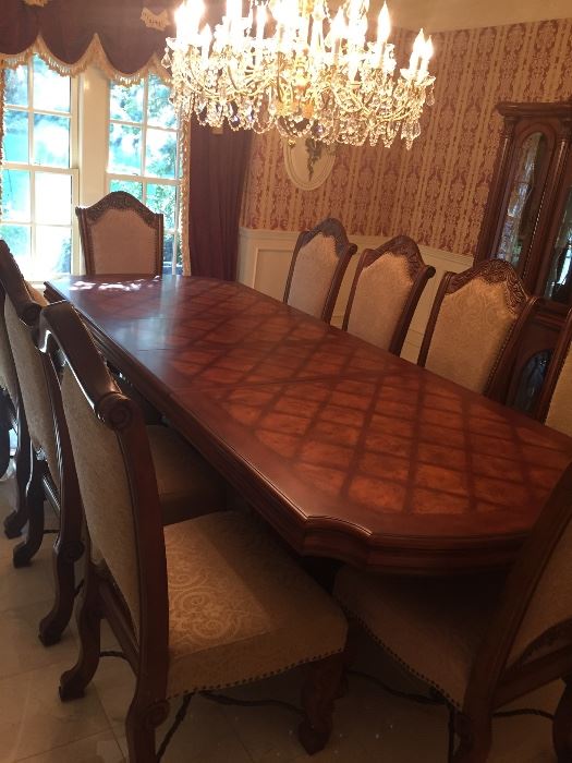  Tuscan 10 foot inlaid dining room table with 10 chairs columns and wought iron 