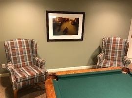 Two quality Drexel chairs and picture (Pool table not for sale)