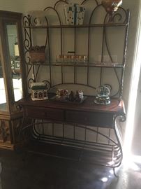 Formal Bakers Rack with drawers and  a bottom shelf and 2 glass top shelves.