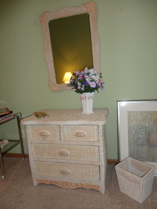 Dresser and mirror for wicker bedroom set