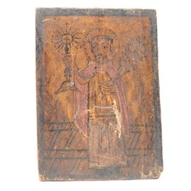 19th Century Spanish Colonial Retablo of San Ramón Nanato: An early 19th Century Spanish Colonial retablo image on board depicting San Ramón Nanato (Saint Raymond Nonnatus, d. 1240). The image shows the saint in a red robe holding a monstrance in his right hand and a wand with three crowns on it in his left. The rustic painting is executed in black, red and yellow on a rough-hewn pine board. 1938.0537