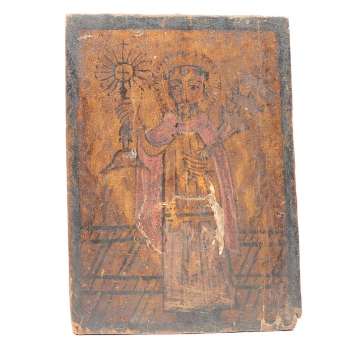 19th Century Spanish Colonial Retablo of San Ramón Nanato: An early 19th Century Spanish Colonial retablo image on board depicting San Ramón Nanato (Saint Raymond Nonnatus, d. 1240). The image shows the saint in a red robe holding a monstrance in his right hand and a wand with three crowns on it in his left. The rustic painting is executed in black, red and yellow on a rough-hewn pine board. 1938.0537