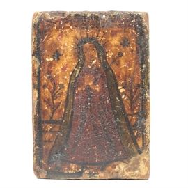Late 18th Century Colonial Retablo of the Blessed Virgin Mary: A late 18th to early 19th Century Spanish Colonial retablo image on pine board depicting the Blessed Virgin Mary. The image shows Mary in a red dress and blue robe holding a cross in her clasped hands. She is surrounded by flowers in the background and is standing on a tile floor. The rustic painting is executed in black, red blue and yellow on a rough hewn board. 1938.0549