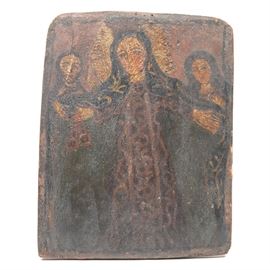 Antique Spanish Colonial Retablo of Mary with Two Figures: An early 19th Century Spanish Colonial retablo image on board of Mary accompanied by two figures, potentially Mary of Magdala and the Apostle John. The image shows Mary in an embroidered red gown and navy robe with her arms outstretched and holding a red object in her right hand. She is flanked in the background by a man on her right and a woman on her left. The image is bordered with a black stripe. The rustic painting is executed in black, red, blue and yellow on a rough hewn board. 1938.0547.