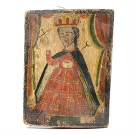 Antique Spanish Colonial Retablo of a Sainted Queen: A Spanish Colonial retablo image on pine board of a sainted Queen, likely Isabel de Portugal (Elizabeth of Portugal, 1271-1336), late 18th to early 19th century. The image depicts the subject in a red embroidered gown and blue robes, wearing a crown, and holding a cross in her right hand and a crescent moon scepter in her left. She is surrounded by red and blue drapes on the sides. The rustic painting is executed in black, red, blue, green and yellow on a rough hewn board.