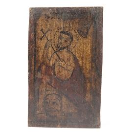 Antique Spanish Colonial Retablo of Saint Jerome: A fine and naive Spanish Colonial retablo image on pine board of San Geronimo (Saint Jerome, 342-420), early 19th century. The image shows Jerome holding a cross in both hands. He appears to be unclad and kneeling, draped in a red robe. There is a trumpet sounding in the upper right corner of the image and the face of a lion in the lower left . The image is bordered with red and black stripes. The rustic painting is executed in black, red and yellow on a board.