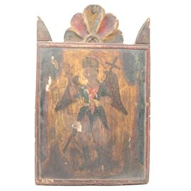 18th/19th Century Spanish Colonial Retablo of Arcángel Miguel: A Spanish Colonial retablo image on pine board of Saint Michael, the archangel, late 18th to early 19th century. The image shows the angel wearing a blue and red tunic holding a cross in his left hand and scales in his right. He is stepping on a faintly drawn serpent. There are blue and red drapes framing the image on the sides. The board has a carved aureole floral decoration on the top and is framed in a raised carved border. The rustic painting is executed in black, red blue and yellow on a rough hewn board. 1938.unknown
