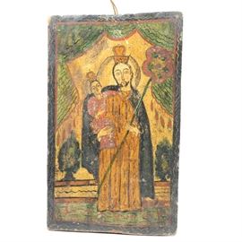 18th/19th Century Spanish Colonial Retablo of San Jose y Jesus: A Spanish Colonial retablo image on pine board, late 18th or early 19th century, of the Saint Joseph holding the infant Jesus. The image shows Joseph wearing a brown mantle with a navy blue robe, holding the infant in his right hand and a staff with a flower end in his left. He is flanked by two trees in the background. The image is framed with ornate drapes and floor. The rustic painting is executed in black, red blue and yellow on a rough hewn board. 1938.0553