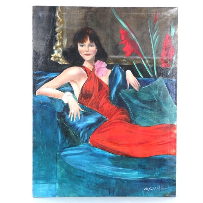 Alfred Huber "Lady in Red" Oil Painting on Canvas: A late 20th century oil painting on canvas depiction of a reclined figure. The works appears to be signed “Alfred Huber” to the lower right, and the title is suggested by a label on stretcher verso. The work is unframed.