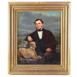 Attributed to James Whaite Oil Painting on Canvas Portrait of a Man: An oil painting on canvas portrait of a man attributed to listed British artist James Whaite (1850-1916). Depicted is a wealthy man in a seated, three-quarters view and loyal greyhound dog to his side. To the background is a vast landscape scene with looming clouds. The work remains unsigned. To the verso is an ambiguous label identifying the painter. Presented without glass, housed in a gold-toned wood frame with egg and dart motif lining and foliage reliefs to the corners.