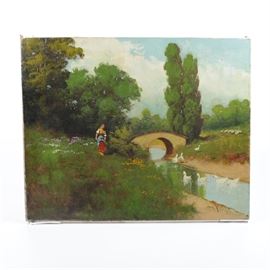 Oil Painting on Canvas Landscape with Woman and Pekin ducks: An oil painting on canvas figural landscape scene. Depicted is an early 20th-century woman with her gaze towards to the viewer among a landscape of lush green foliage. A small creek runs through the right side of the composition as pekin ducks swim about. Signed to the lower right illegibly. The work remains unframed.