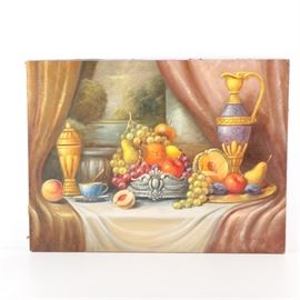 Paldeak Oil Painting on Canvas Neoclassical Style Still Life: An oil painting on canvas still life with fruit by the artist Paldeak. Depicted in a neoclassical style setting with flowing drapery and ornate ewers is a silver tone bowl of succulent fruits. Signed to the lower right in paint. WT Burger Co. label present to the verso. The work remains unframed.