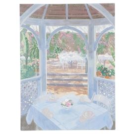 William Benecke Oil Painting on Canvas "Restaurant Patio, LaJolla": An oil painting on canvas titled Restaurant Patio, LaJolla by listed American artist William Benecke (1934-2001). The scene is framed by the dome of a gazebo with fancy table setting in the interior. The gazebo opens to a large patio with more table settings and a vine and flora wrapped fence to the background. Signed to the lower left in paint. The work remains unframed.