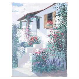 Brasseau Oil Painting on Canvas White House with Flowers: An oil painting on canvas scene of a house with flowers by the artist Brasseau. Depicted is a large white house with stepped stair case winding up to the door. The exterior of the house is decorated with an array of lively flowers in deep pink, red and purple tones. Signed to the lower right. The work remains unframed.