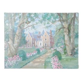 William Benecke Oil Painting on Canvas "Chateau at Amboise": An oil painting on canvas titled Chateau at Amboise by listed American artist William Benecke (1934-2001). Blooming flowers and manicured hedges line the drive way framed by two large trees on either side. The drive opens up to a large Tudor style estate. Signed to the lower right in paint. The work remains unframed.