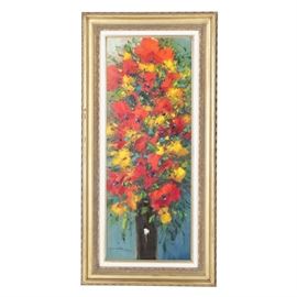 Christian Neswadba Oil Painting on Canvas "Red Flowers": An oil painting on canvas titled Red Flowers by Austrian artist Christian Neswadba (b. 1977). Depicted is a somewhat abstracted floral still life in a strong vertical orientation. Layers of red and yellow flowers stack on top one another as they share the space of a small black vase. Signed to the lower left in paint. Presented without glass, housed in a gold-toned wood frame.