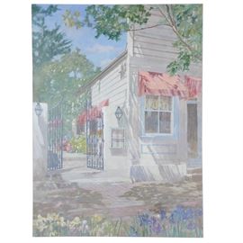 William Benecke Oil Painting on Canvas "Garden Restaurant": An oil painting on canvas titled Garden Restaurant by listed American artist William Benecke (1934-2001). Depicted is a small enclosed garden scene with a white house. Flowers line the foreground. Signed in paint to the lower right. The work remains unframed.