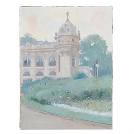 William Benecke Oil On Canvas "Garden In Paris": An oil painting on canvas by William Benecke (American, 1934-2001). The work depicts a stone structure amidst a garden and is signed in the lower right.