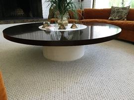 MILO BAUGHMAN ROUND ROTATING COFFEE TABLE. DIAMETER OF TOP OF COFFEE TABLE IS 58"