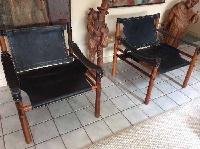 Pair of fine South American made chairs from the 60's, exotic wood & leather, pegged all the way, no nails. 