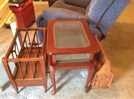 Two Wood Magazine Racks, one with bottom drawer and Side Curio Table.  All 3 in excellent condition!