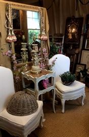 Antique Italian slipper chairs and French marble top side table