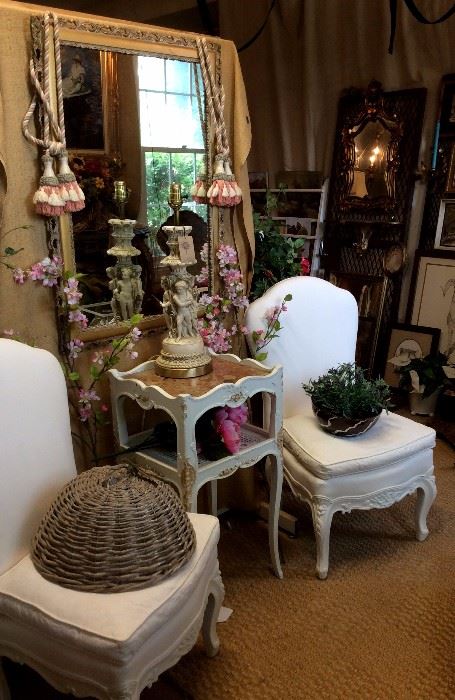 Antique Italian slipper chairs and French marble top side table