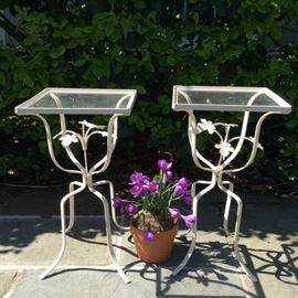 Pair - Vintage Tole Painted Iron  Side Tables with Glass Tops
