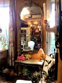 Vintage Italian Florentine Painted/Gilt Tall Mirror with matching Carved Demi lune table.