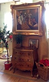 Monet Painting in Gilded Frame over Vintage Italian Florentine Chest