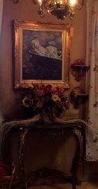 Monet - "Young Girls on a Row Boat" Oil on Canvas in Gilt Frame over 19th Cen. Gilt IItalian Demilune Table