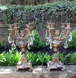 Pair Vintage Bronze Candelabra w crystals