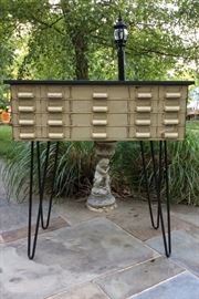 Vintage 16 Compartment Industrial Tool Storage Metal Console Table