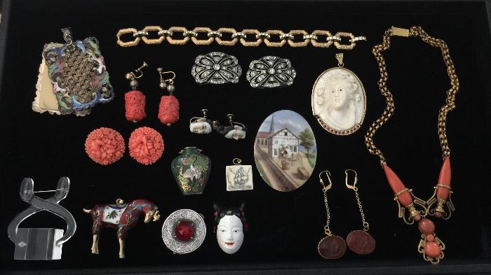 Antique Costume sterling , gold with Coral Neclace, Ivory gold cameo, and more