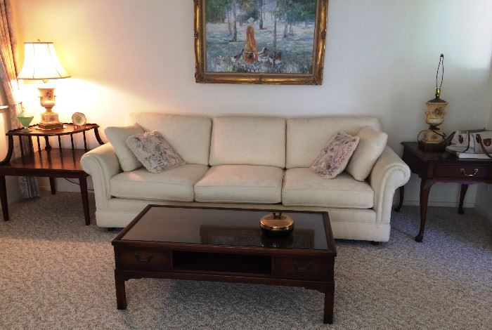 Sofa, Hekman side & coffee table, 2 tier side table, pair of vintage lamps