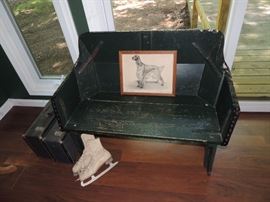 antique carriage buggy seat, dog drawing, vintage skates