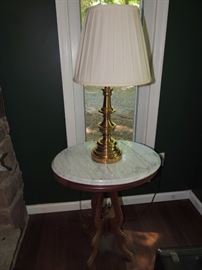 Pair of Stiffel brass lamps. East Lake marble top table