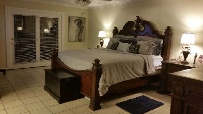 BEDROOM SET - KING SIZE BED, 9 DRAWER MARBLE TOP DRESSER W/MIRROR, 2 MARBLE TOP NIGHTSTANDS. 