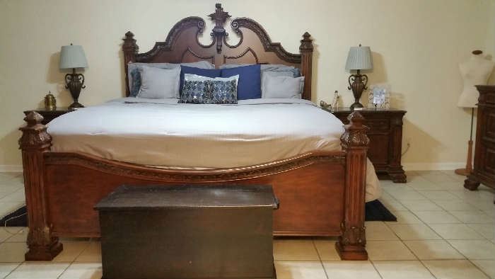 BEDROOM SET - KING SIZE BED, 9 DRAWER MARBLE TOP DRESSER W/MIRROR, 2 MARBLE TOP NIGHTSTANDS.