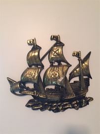 Vintage wall mount brass ship