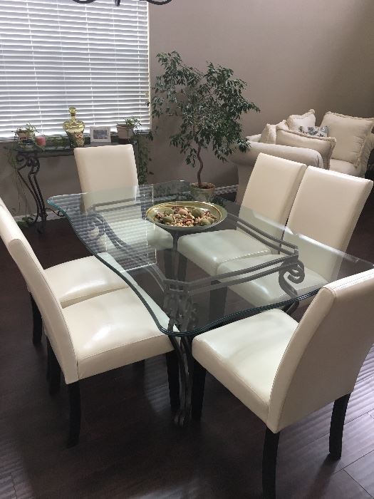  6 White Leather and iron legged dinning table