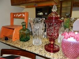Various glass pieces & step stool for small child