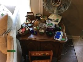 end table, coasters, miscellaneous items