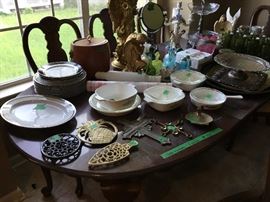 Dining room table with 6 chairs, various other items including a leather ice bucket!