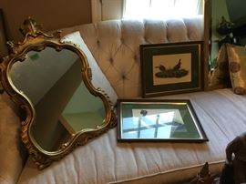 Sofa & matching pillows, mirrors, and duck pictures